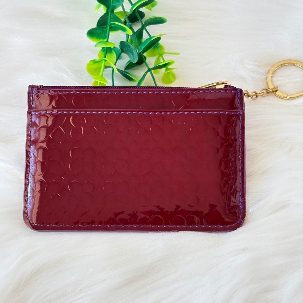 Coach Burgundy Patent Leather Signature C Card Holder Zip Key Ring Wallet